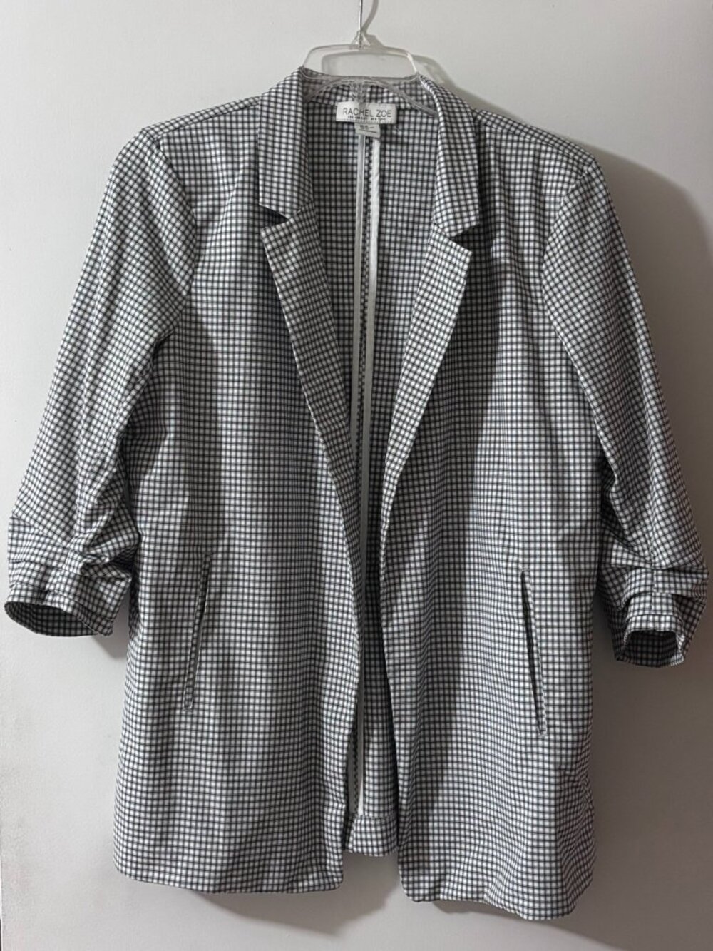 Rachel Zoe Black White Plaid Ruched Sleeve Lightweight Blazer XL